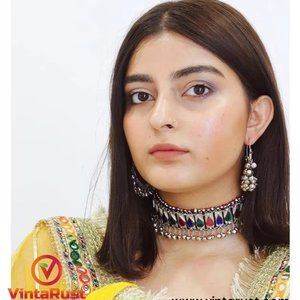 Afghan Jewelry Set, Multicolor Glass Stone Jewelry Set Choker Necklace